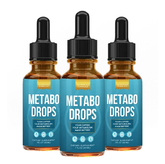 Three Metabo Drops dropper bottles with the Advanced Formula label